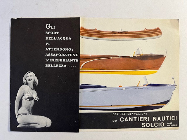 Gli sport dell'acqua vi attendono con un'imbarcazione dei Cantieri Nautici Solcio, Lago Maggiore (pieghevole pubblicitario)